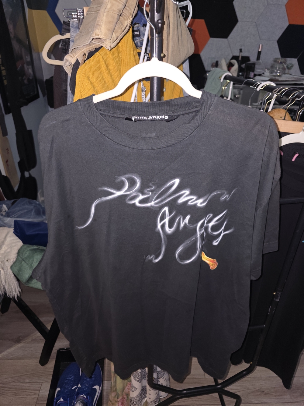 Palm Angels Black Tee with White Airbrush Logo and Orange Flame